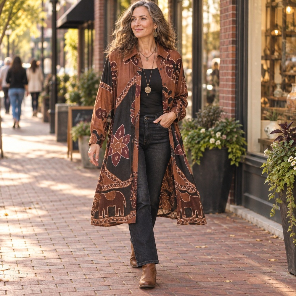 Step In Style Boho Elephant Print Cotton Duster One Size Brown Black